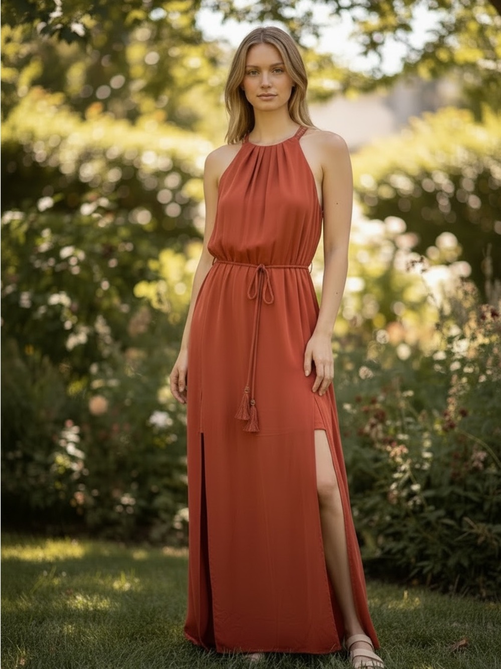 White House Black Market Rust Halter Maxi with Side Slits